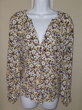 LOFT Yellow & Cream Floral V-Neck Blouse